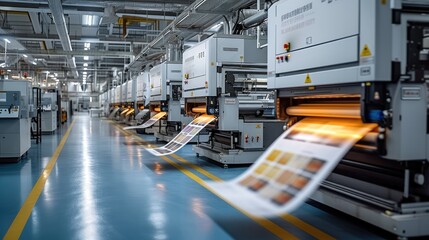 The production floor of a big digital printing company with large print machines printing packaging designs. Generative AI.