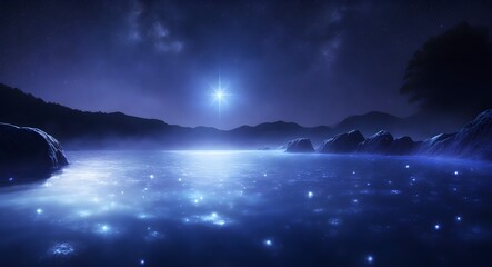 Poster - Fantasy landscape. Mountain and forest in the fog at night. Night landscape with lake, stars and blue sky. 