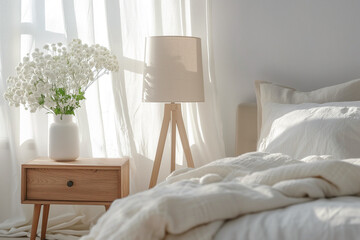 Wall Mural - Nightstand with lamp and flowers in the light bedroom. Home interior in Scandinavian style.