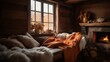 a cozy room with an orange throw and a fireplace, in the style of layers of texture, dark and spooky themes, romanticized views, sleepycore, light amber and beige, norwegian nature, rural life