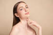 © kitthanes  - Beautiful young woman with clean fresh skin on beige background, Face care, Facial treatment, Cosmetology, beauty and spa, women portrait.