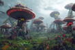A surreal landscape where giant mushrooms sprout from the ground, their caps adorned with vibrant flora and fauna
