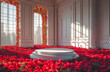 3d empty product display podium designed for presentations. Classic elegance meets romantic abundance, a luxurious room overflowing with red roses in warm sunlight.
