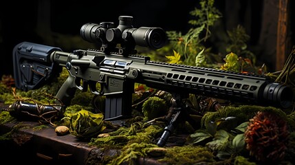 Wall Mural - Close-up of a sniper rifle with a high-powered scope and camouflage