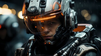 Wall Mural - Close-up of a soldier wearing futuristic combat armor with integrated technology