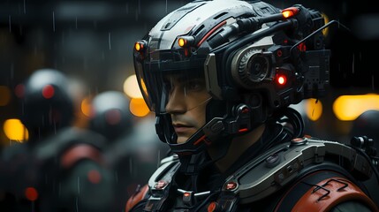 Wall Mural - Close-up of a soldier wearing futuristic combat armor with integrated technology