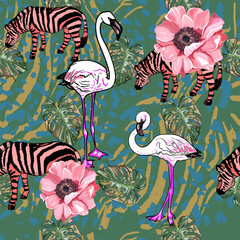 Wall Mural - Seamless pattern with tropical flowers, zebras, flamingos, tiger spots. Pattern from multi-colored elements. For printing, printing on fabric