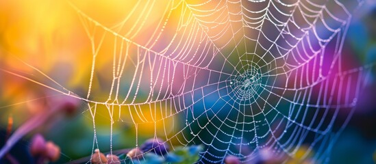 Vividly colored Argiope spider web with a nature backdrop, depicted in macro close-up detail.