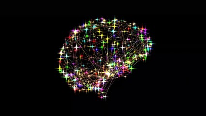 Wall Mural - Beautiful illustration of brain shape with colorful stars and connecting lines on plain black background