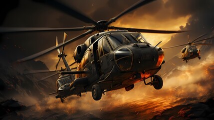 Wall Mural - Formation of attack helicopters flying in perfect sync over a vast desert landscape