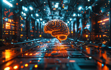 Wall Mural - Illuminated human brain as central processing unit on futuristic cybernetic server background