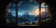 Magical fantasy fairy tale scenery, night in a forest. Windows view