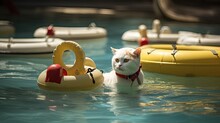 A Lifeguard Cat Supervising Toy Boats In A Pool.