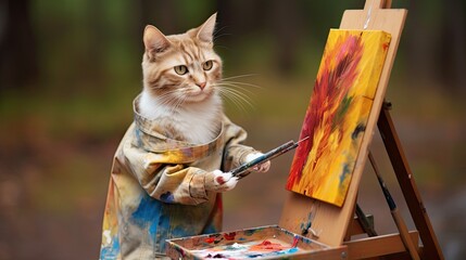 Poster - A painter cat with a palette, creating a masterpiece on a mini easel.