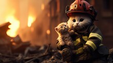 A Firefighter Cat Rescues A Plush Toy From A Burning Building.
