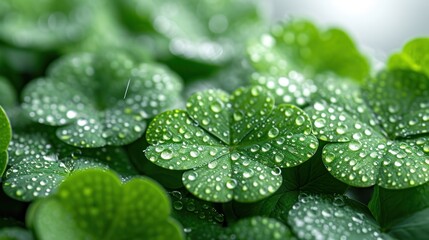 Wall Mural - a close up of a bunch of green leaves with drops of water on them and green leaves with drops of wat