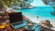 © bannafarsai - cup of coffee and laptop on table near the beach summer