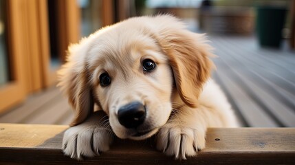 Sticker - A fluffy golden retriever puppy with big puppy eyes and a wagging tail.