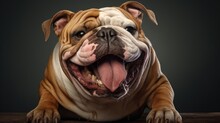 A Chubby Bulldog With A Goofy Grin And A Tongue Sticking Out.