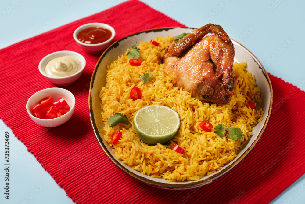 Bowl of traditional chicken biryani on blue background