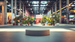 A spacious exhibition hall featuring a central product display platform, surrounded by potted plants and industrial style lighting.