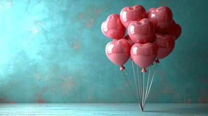 Wall Mural -  a bunch of heart shaped balloons sitting on top of a wooden table in front of a blue wall and a wooden floor.