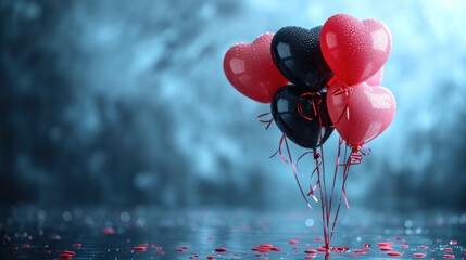 Wall Mural -  a bunch of red and black balloons floating in the air on a wet surface with drops of water on the ground.