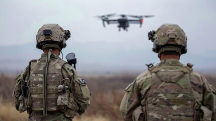 Soldier are using drone for scouting during military operation.