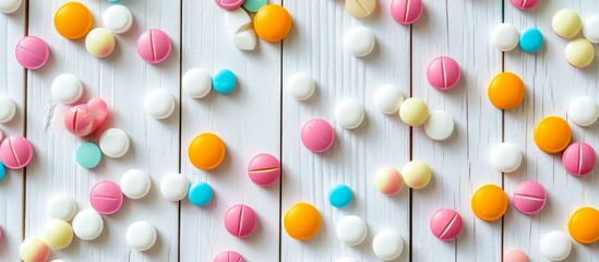 Poster - Sugar-coated pills displayed on a white wooden background.