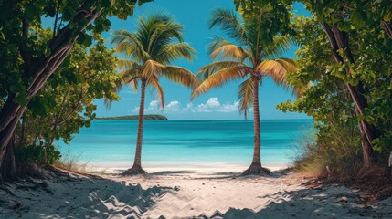 Wall Mural -  a painting of a tropical beach with palm trees and a small island in the distance with a few clouds in the sky.