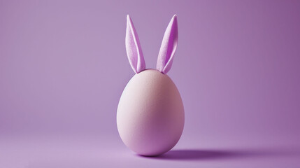 Poster -  a white egg with a purple bunny's ears sticking out of it's side on a purple background.