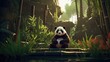 A contemplative panda enjoying the tranquil beauty of a bamboo garden.
