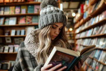 Wall Mural - Woman wearing knit hat reading book at bookstore