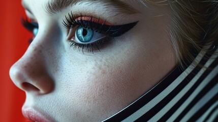 Poster -  a close up of a woman's face with blue eyes and black and white stripes on a red background.