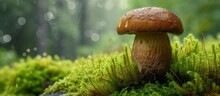 Boletus Mushroom On Rain-soaked Moss.