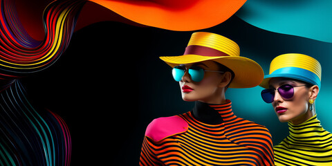 two fashion models in colorful outfit in eyewear and hat on black and stripes background. free space