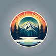 Logo design with mountain trees sun and ocean line art icons 3 color