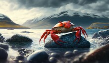 Red crab on stone with sea and mountains background
