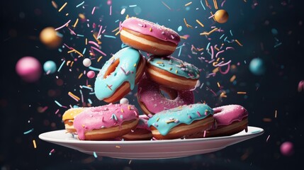 Wall Mural - Flying colorful donuts with plate
