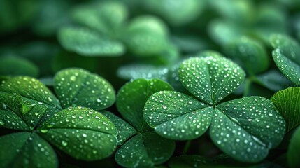 Wall Mural - a group of four leaf clovers with drops of water on them, with green leaves in the foreground.