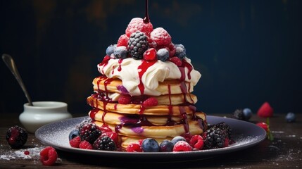 Canvas Print - Pancake tower with ice cream and berries