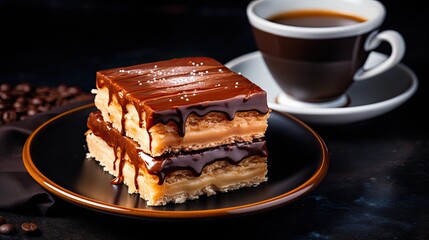 Canvas Print - A caramel slice with a cup of tea