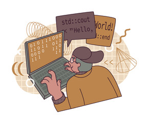 The programmer inserts a line of code into the script on special language. Concept of software development and web engineering. Programming school, IT specialists, online profession training. Vector