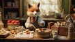 A fox baker crafting tiny pastries with meticulous care.