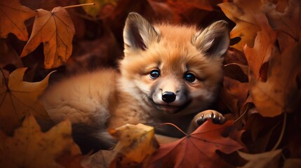 Poster - A fluffy fox pup rolling around in a bed of autumn leaves.
