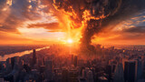 Fototapeta  - Apocalyptic cityscape with dramatic explosion in urban skyline at sunset, concept for disaster or catastrophe scenarios