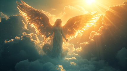 Poster - Majestic angel with golden wings ascending through sunlit clouds, embodying spiritual guidance or divine intervention concept, Easter