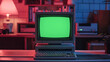 © fotogurme - Retro styled workspace with a vintage computer on desk, green screen monitor, ambient lighting, and 80s aesthetic