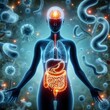 © palangsi - Human silhouette with glowing stomach brain connection and expanded microscopic view of gut bacteria germs microorganisms surrounding the human , medical  healthcare concept