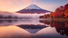 Colorful Autumn Season And Mountain Fuji With Morning Fog And Red Leaves At Lake, Forest River With Stones On Shores At Sunset, Generative AI